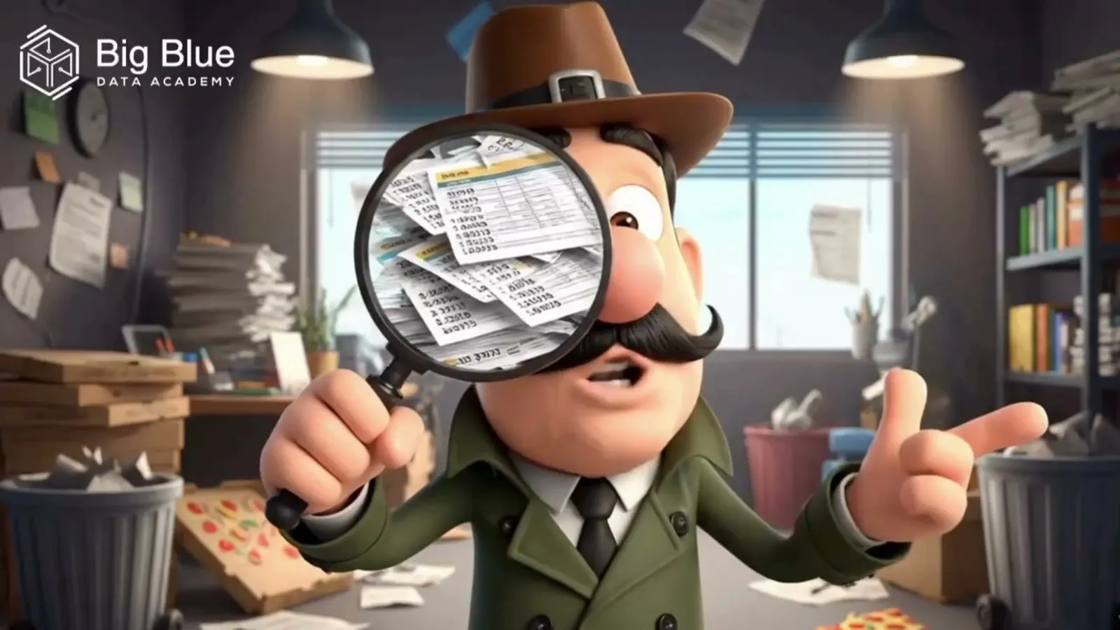 A 3D cartoon detective in a brown hat and green coat holding a magnifying glass over his eye, the lens filled with printed spreadsheets, standing in an office knee deep in loose paper.