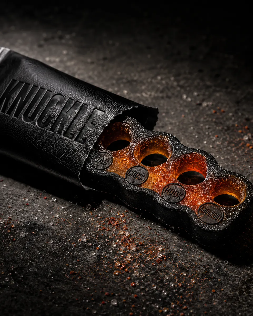 A single amber KNUCKLE chew sliding out of a black leather sleeve, the flavour names stamped into it.