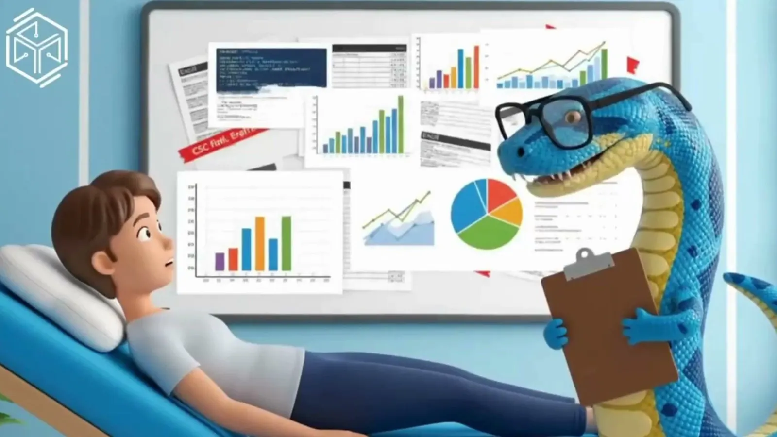 A storybook illustration of a blue snake in black reading glasses holding a clipboard, taking notes from a young man lying on a therapy couch, a wall of charts and code behind them.