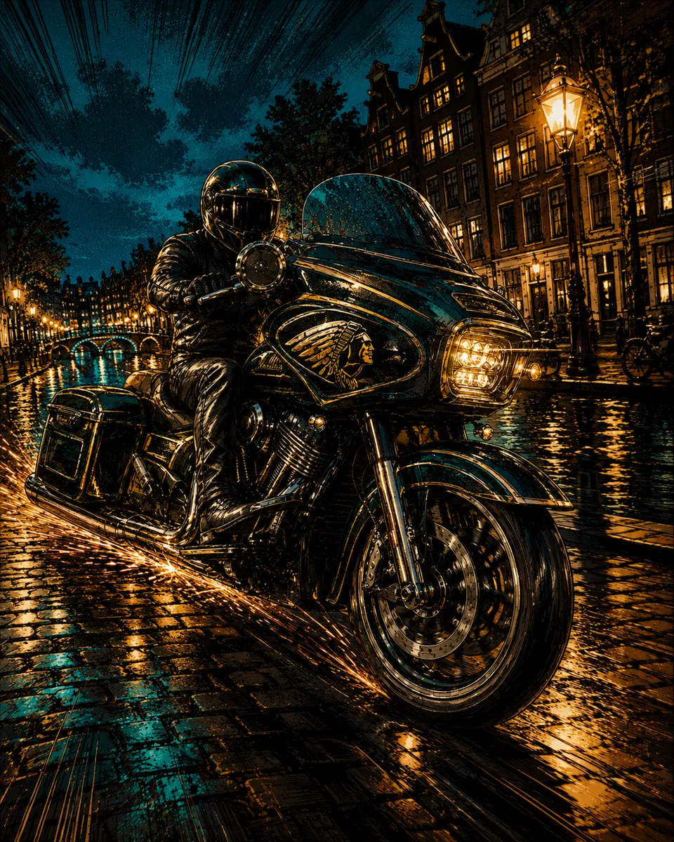 A rider on an Indian motorcycle on wet cobbles at night, canal houses and street lamps behind.