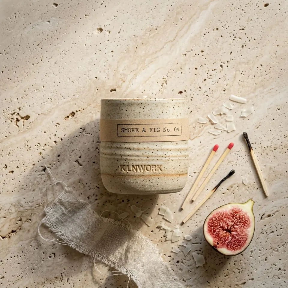KILNWORK hero image a sented candle. stoneware candle, warm analogue