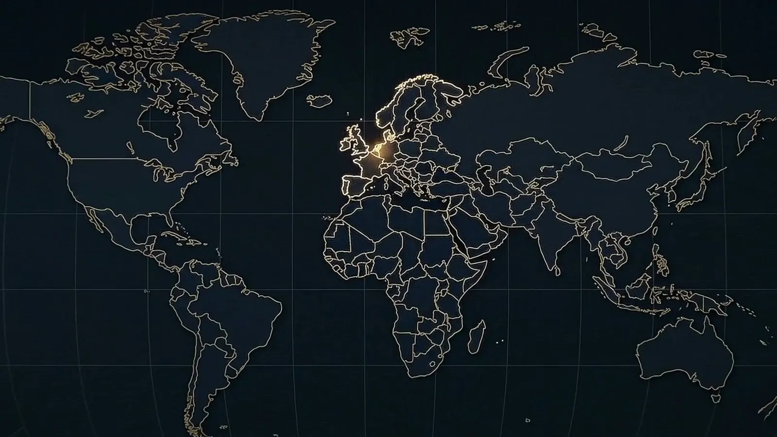 A dark world map in thin gold outline with the Netherlands lit in warm yellow, everything else left unlit.