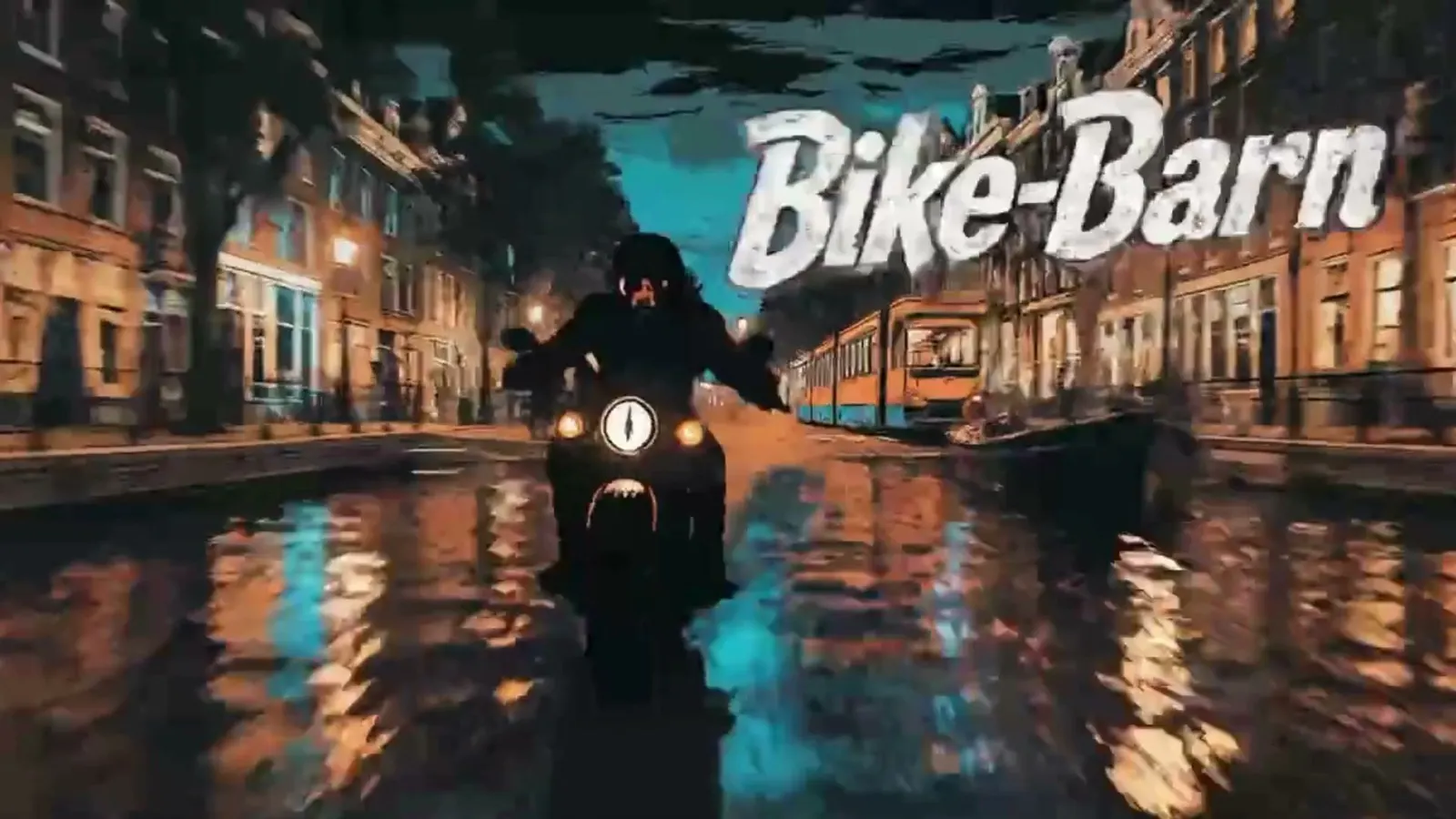 The rider head on down a flooded canal street at night, one headlamp burning, the Bike-Barn wordmark set beside him.