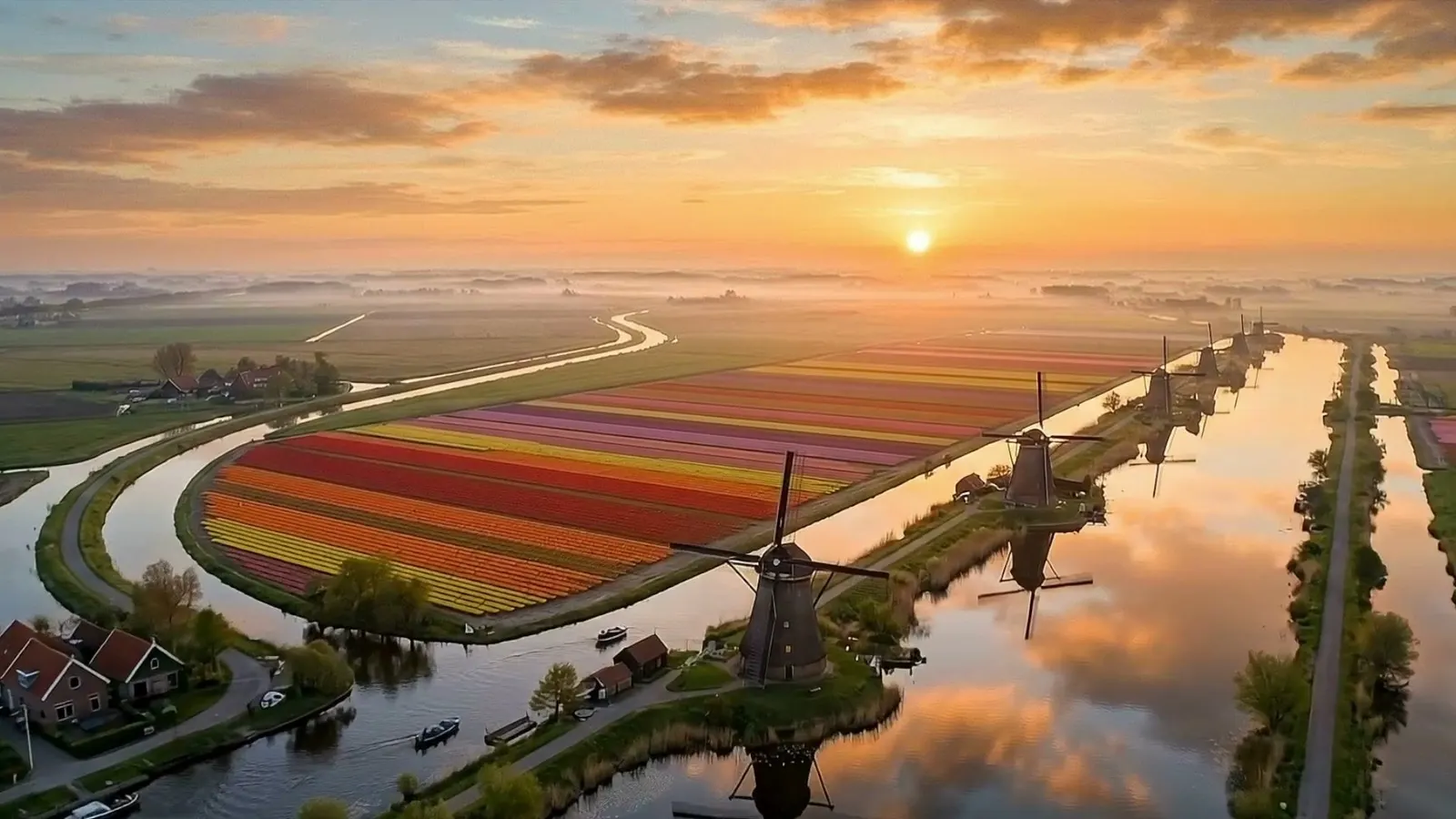 A polder at sunrise seen from the air, rows of red, orange and pink tulips in blocks beside a canal, a line of windmills receding along the bank and mist lying over the fields.