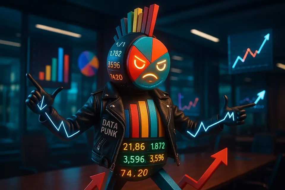 A photoreal punk figure standing in a dark office, its head a segmented pie chart with angry orange eyes, a mohawk made of coloured bar chart columns, wearing a leather jacket stencilled DATA PUNK over a striped chest of glowing figures, with lit graphs on the screens behind.