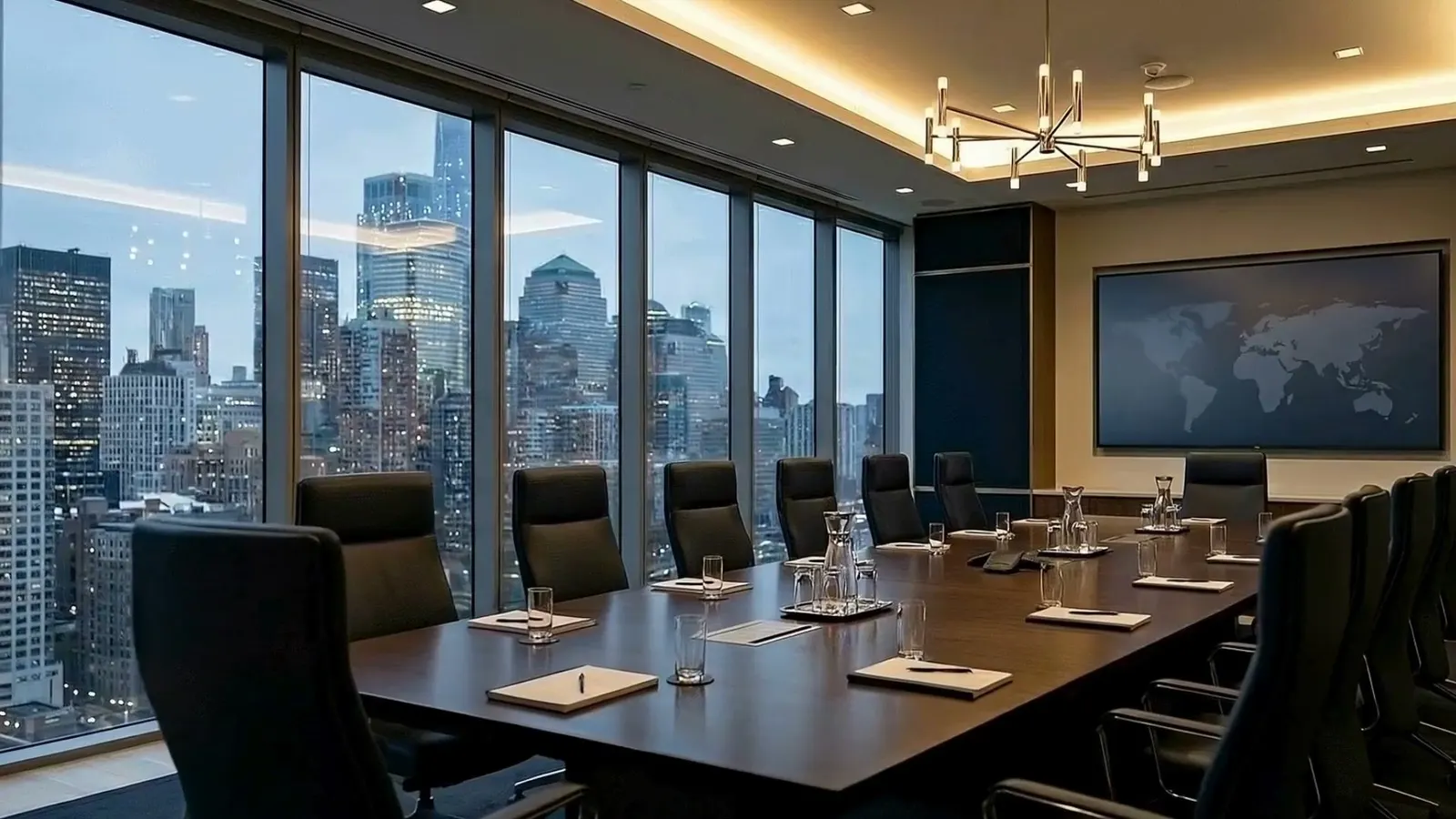 An empty boardroom high in a tower, long dark table set with glasses, floor to ceiling windows onto a skyline of high rise buildings.
