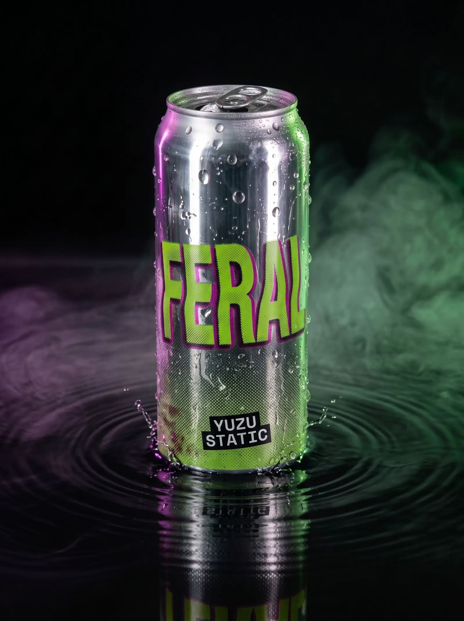A FERAL Yuzu Static can standing in shallow water with magenta and green vapour behind it.