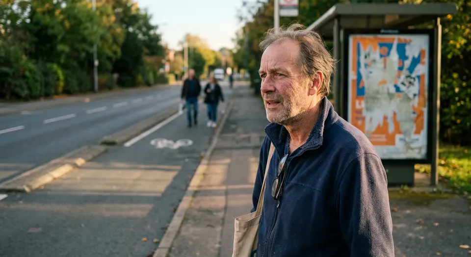 An older man with grey stubble and a navy fleece stands near a bus shelter in low afternoon sun, looking down the road past the camera, a torn poster in the shelter behind him and two people walking up the pavement in the distance.