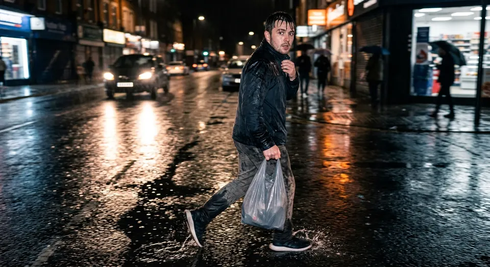 A man in a soaked black jacket carrying a thin plastic bag strides across a wet high street at night, mid-splash, looking back over his shoulder, shopfronts and car headlights smeared in reflections across the road.