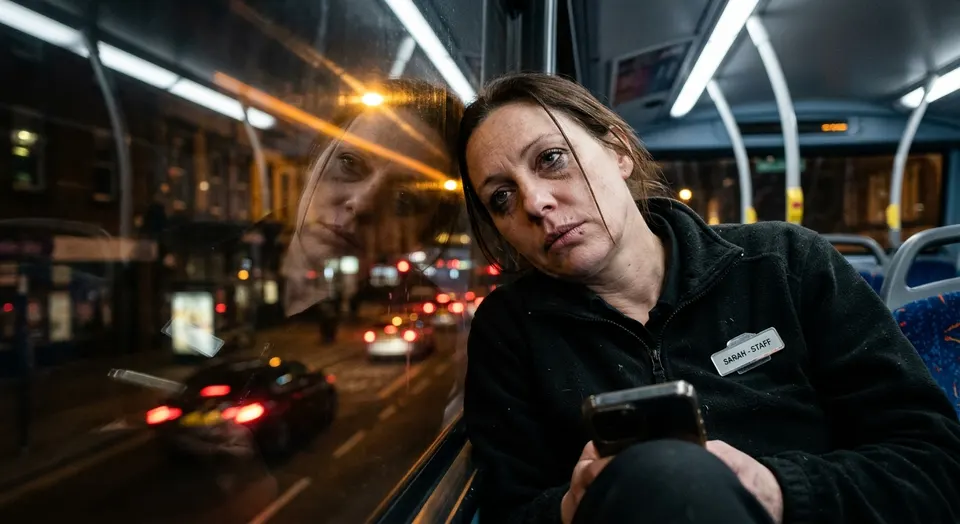 A woman in a black work fleece with a name badge rests her head against a bus window at night, holding a phone, her face reflected in the glass alongside the traffic and shop lights of the street outside.