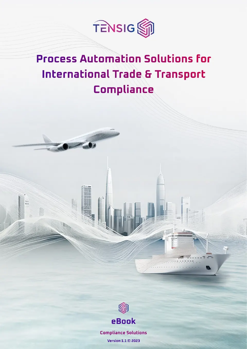 The ebook cover: an aircraft and a container ship drawn over a pale city skyline, under the title Process Automation Solutions for International Trade and Transport Compliance.