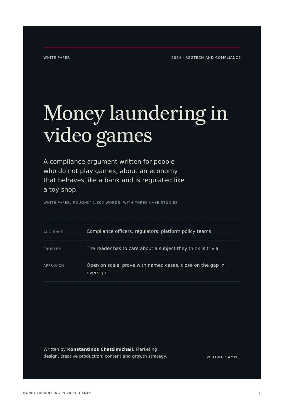 The cover of the paper: the title set large in white on a near-black page, over the brief for who it was written for and what it had to do.