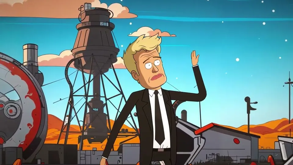 A single of the chef in a black suit and tie under a water tower, one hand raised, his expression somewhere between suspicion and irritation.