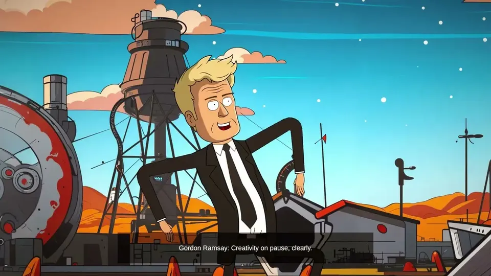 A wide animated frame of a Mars colony: two figures standing apart in front of a landed rocket and a domed habitat, orange rock formations behind them.