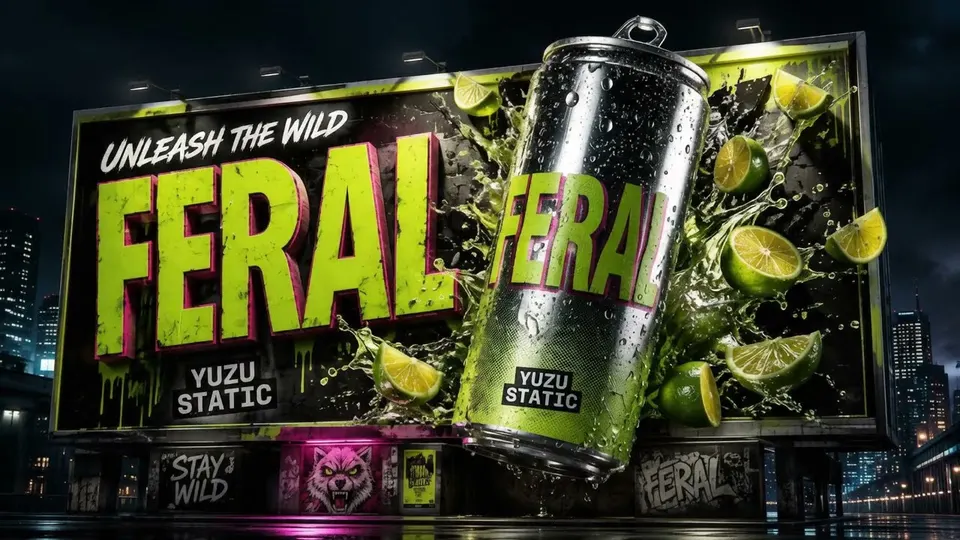 A night-city billboard for FERAL Yuzu Static, the can breaking out of the board in front of the artwork with lime slices and green liquid crossing the frame.