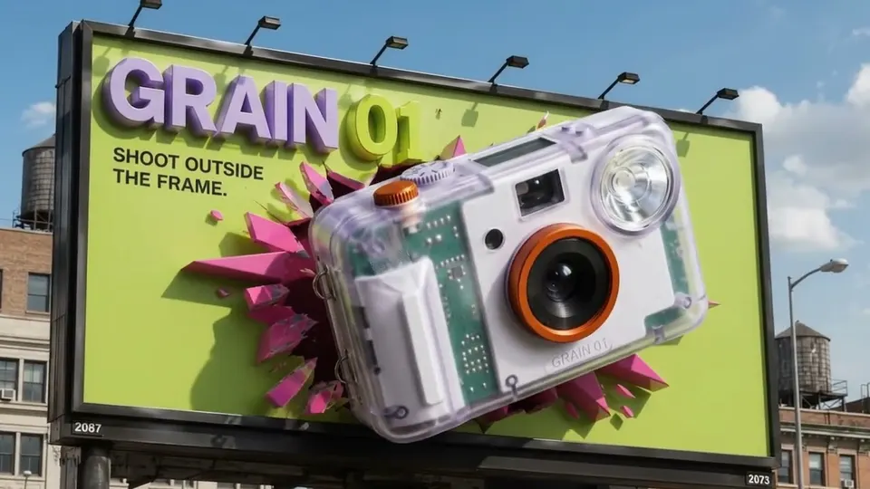 A daylight city billboard for GRAIN 01 on an acid-green ground, the translucent camera bursting through the board in a spray of magenta shards under the line SHOOT OUTSIDE THE FRAME.