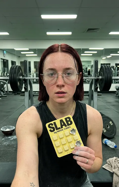 a woman at the gym eating SLAB Chocolate