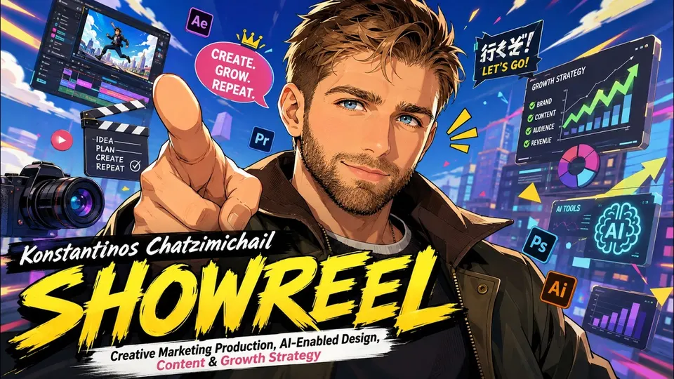 The showreel cover: an illustrated portrait of me pointing at camera over a night city, surrounded by an edit timeline, a clapperboard, a camera body and a growth chart, under the word SHOWREEL in yellow brush type.