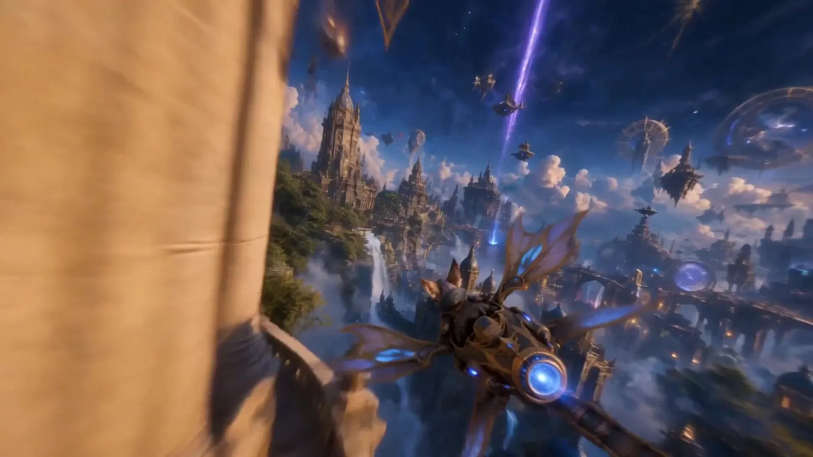 The glider drops away from a stone balcony into a floating city of domes and waterfalls beneath a violet beam.