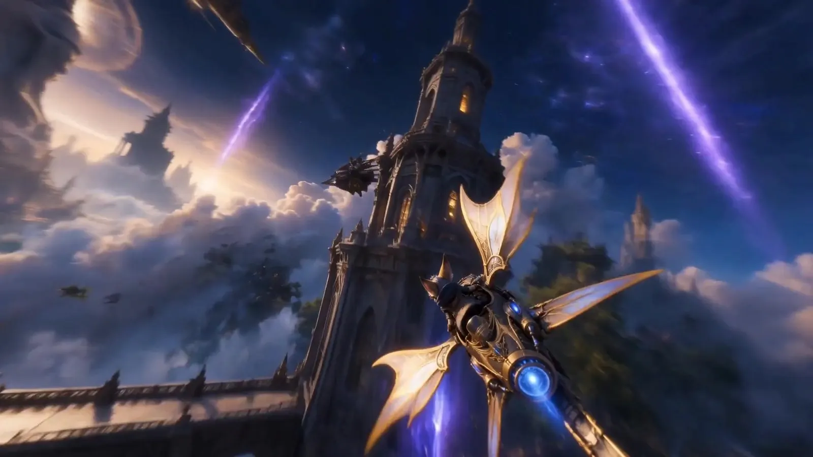 The glider climbs past a tall spire with its wings catching the light and violet streaks crossing the clouds.