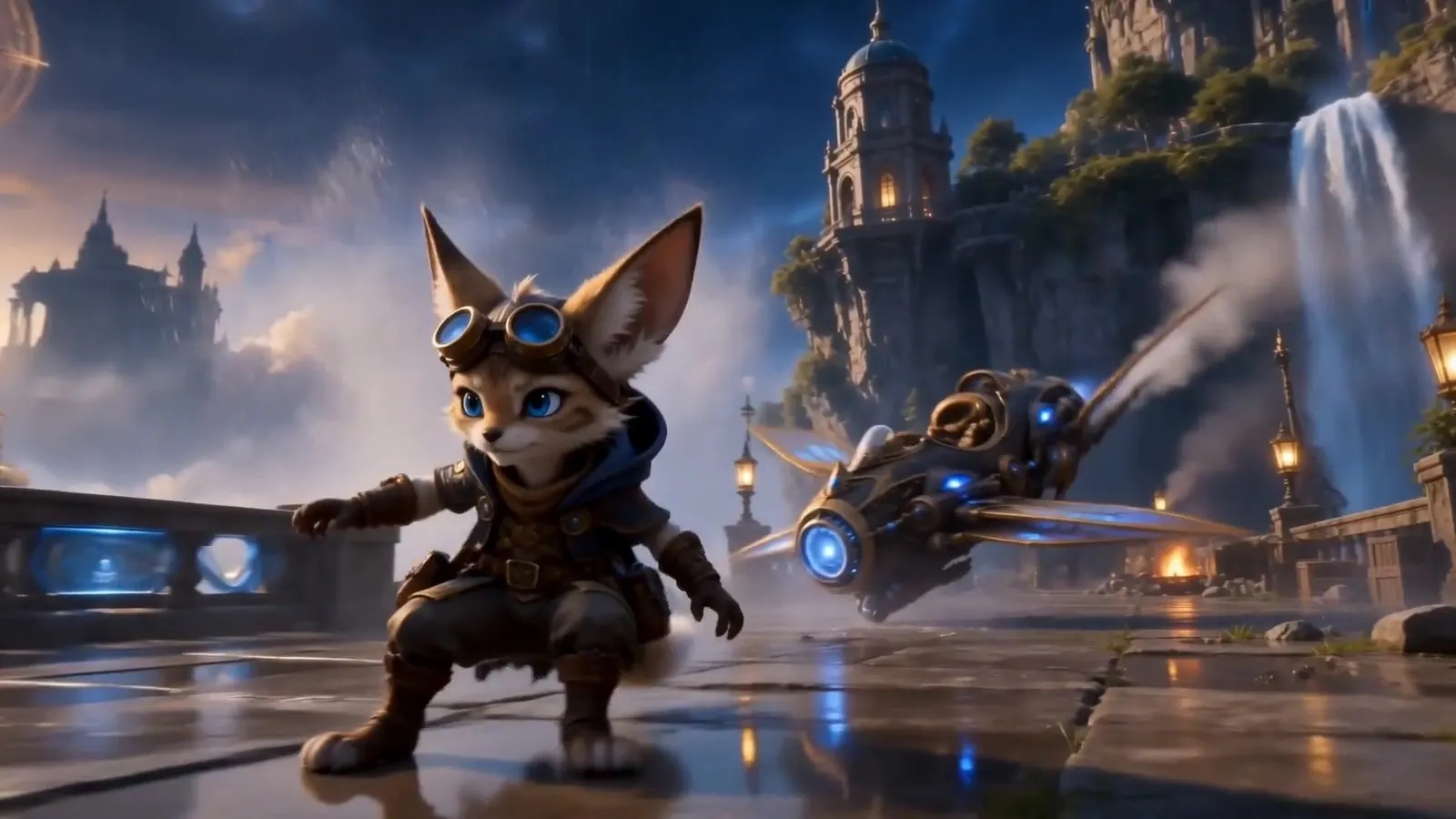 The fox pilot crouches on a wet terrace with one hand down and the glider hovering behind her beside a waterfall.