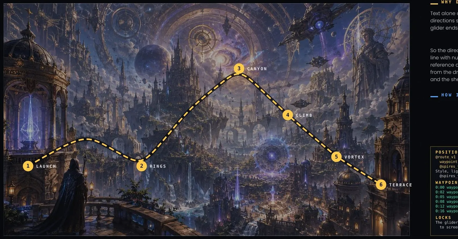 The route map: a dashed yellow flight path drawn across a painted plate of the spire city, with six numbered waypoints marked launch, rings, canyon, climb, vortex and terrace.