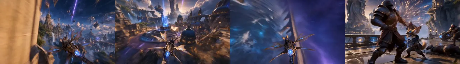 A four frame contact strip from Skyrunner: the glider leaving a launch balcony, banking over the spire city, threading a vortex, and the pilot fighting on a terrace.