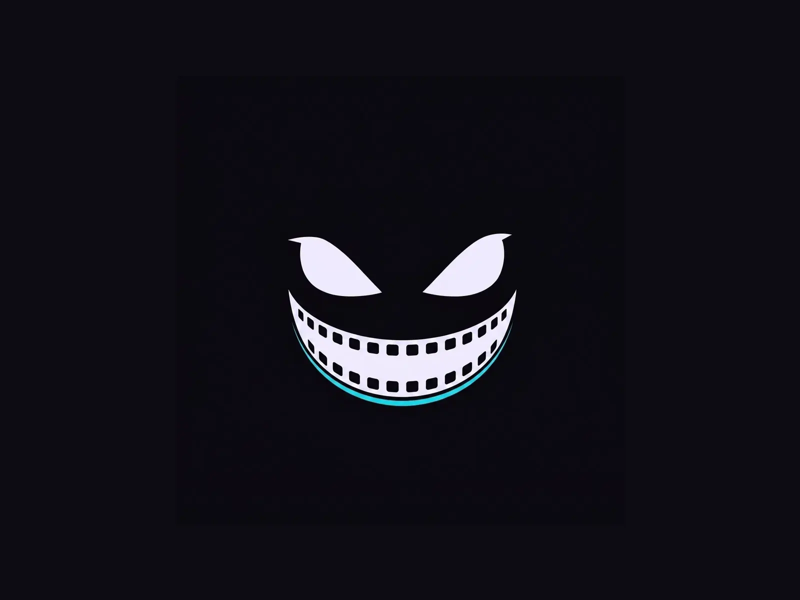 The TaleCrafters mark on a near-black ground: two white eyes over a wide grin made of film-strip perforations, with a cyan edge under it.