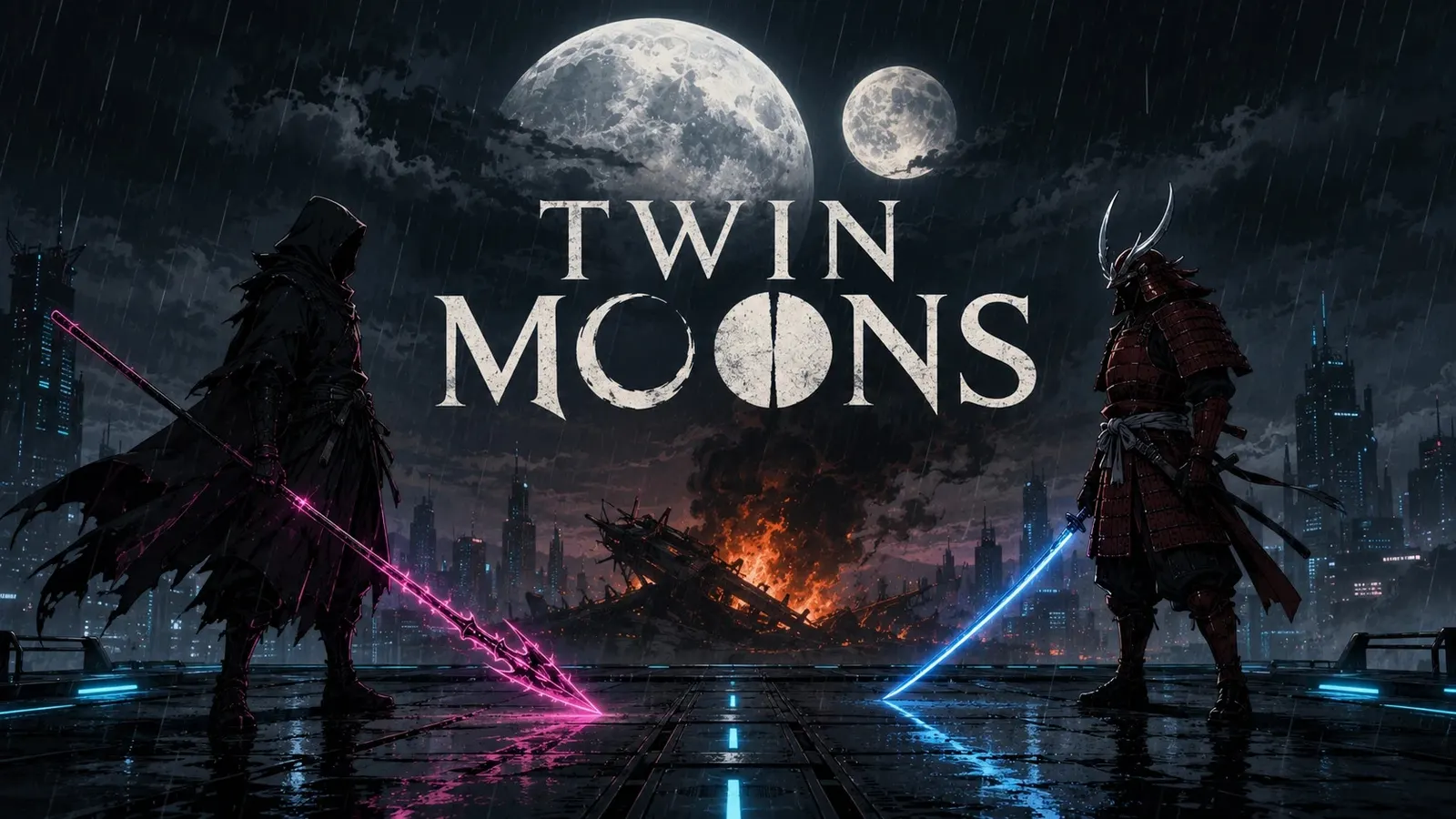 The Twin Moons key art: two swordsmen facing each other across a wet neon platform in the rain, one hooded with a magenta blade and one in red armour with a cyan blade, two moons and a burning wreck behind them over a dark city, the title set between them.