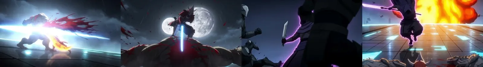 A four frame contact strip from Twin Moons: a pale creature struck by a blue blade, the bladesman standing on a mound of corpses against the moon, two figures squaring up with drawn swords, and a leaping figure against a fireball.