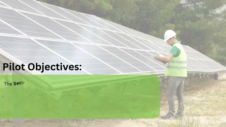 A technician in hi-vis working along a row of photovoltaic panels, with the Pilot Objectives card typed over the picture.