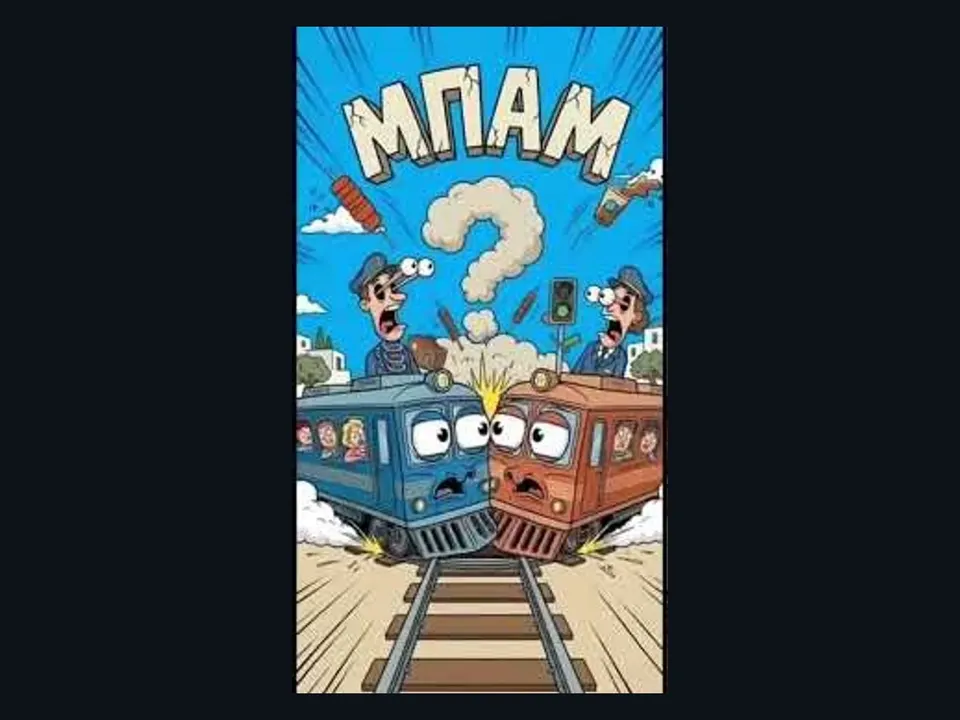 Two wide-eyed cartoon trains meet head on above a level crossing while their drivers lean from the cabs and the word ΜΠΑΜ fills the sky.
